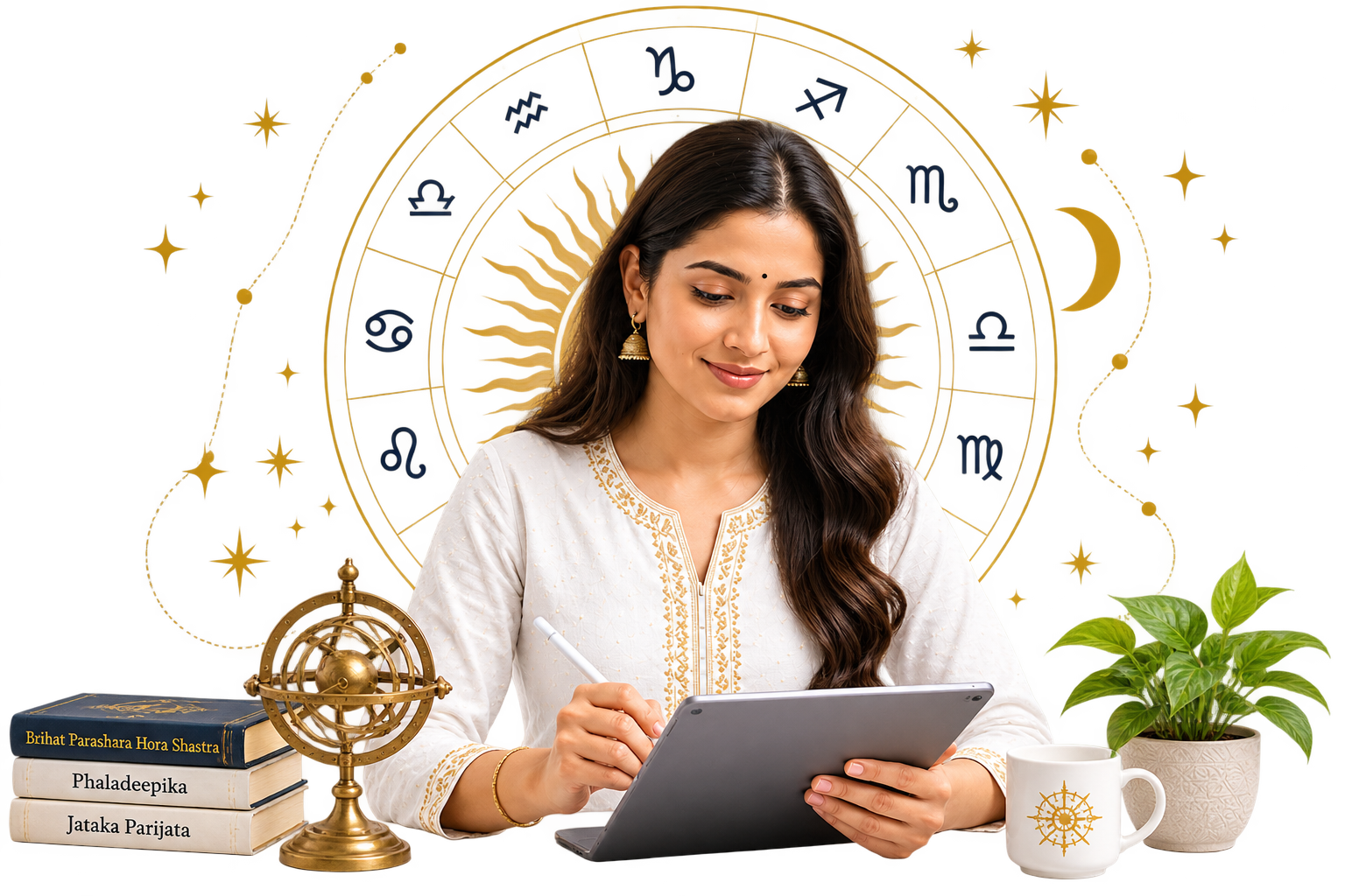 Astrologer meditation with zodiac wheel
